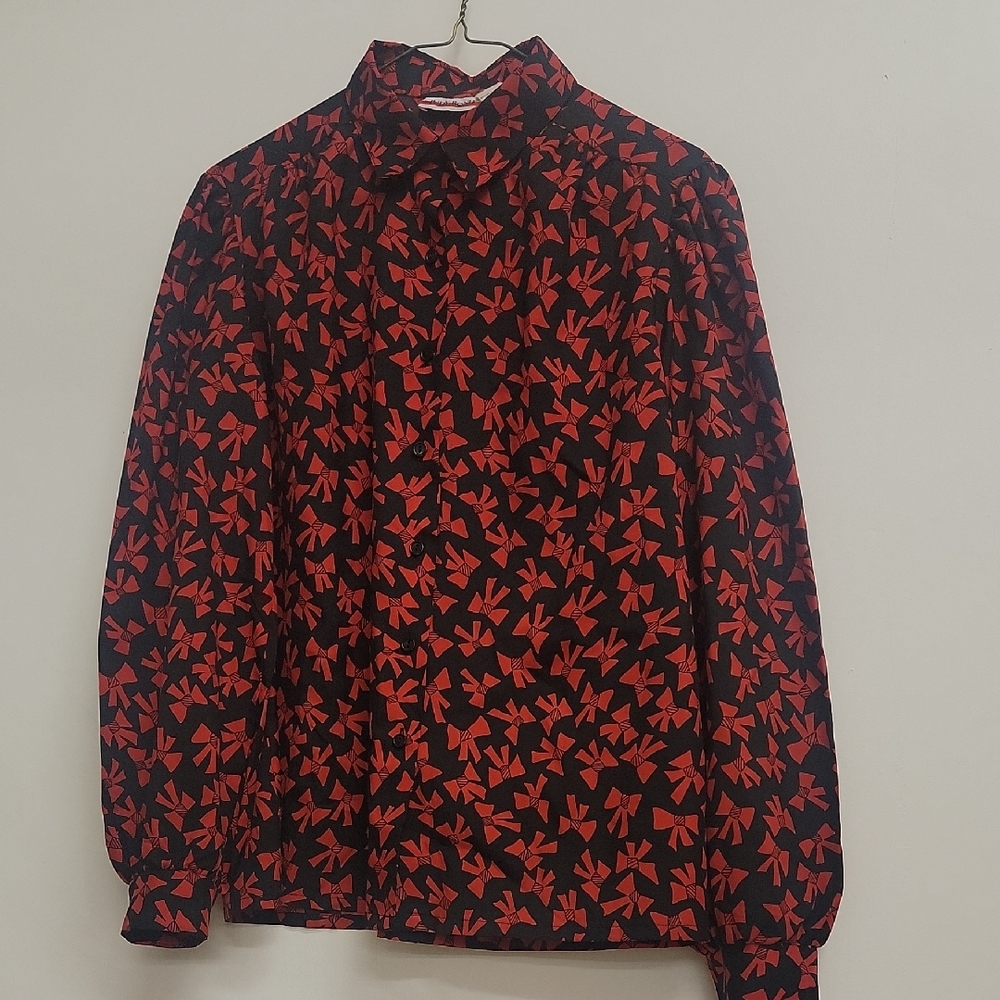 Vintage 80s Black and Red Bows Pattern Secretary Puff Sleeve Blouse XL 14 Poly